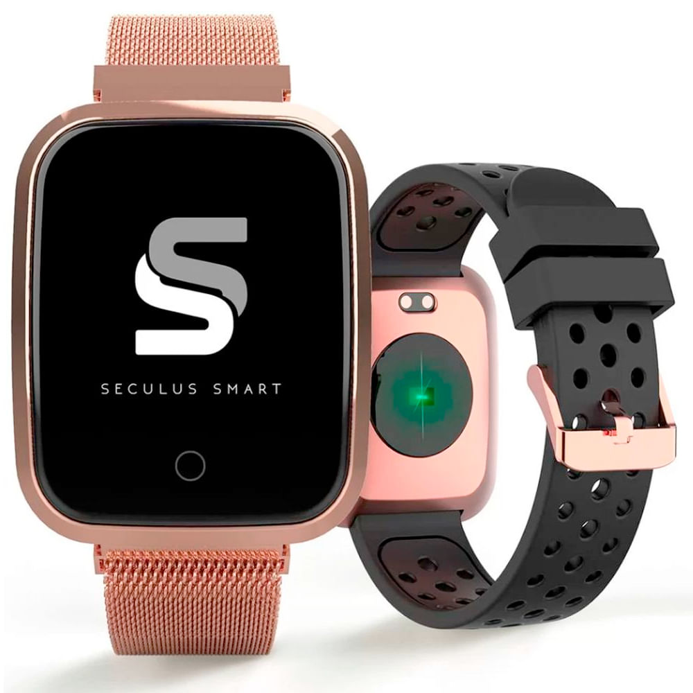 smartwatch rose com pulseira preta